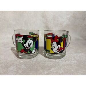Vintage Anchor Hocking Disney Mickey & Minnie‎ Mouse Glass Mugs Set of 2 Pop Art